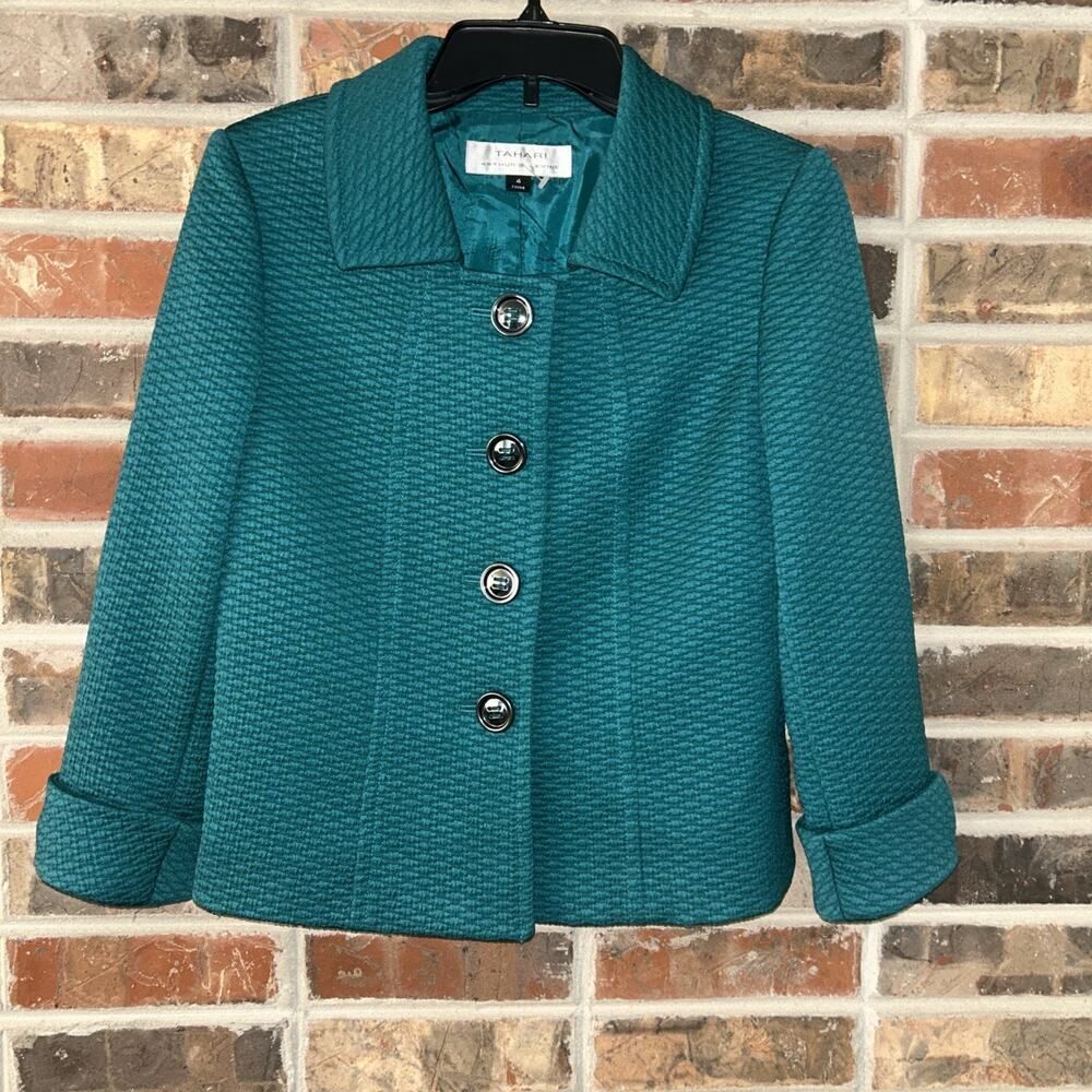 F24 Tahari Arthur S Levine Teal Textured Cropped Jacket 3/4 Sleeves Women Sz 4
